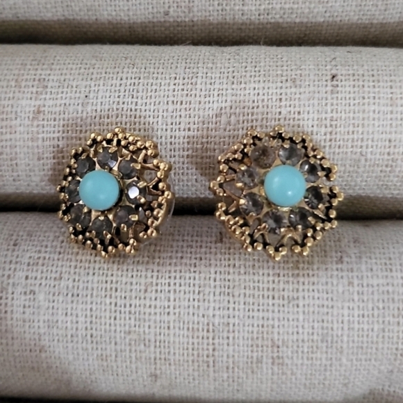 Stella & Dot Marchesa Earrings Large Art Deco Studs Torquoise & Gold Earrings - Picture 3 of 8